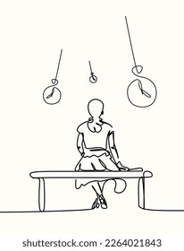 Continuous drawing of a silhouette of a woman on a bench and a clock above her. The passing time. The concept of loneliness and lost time