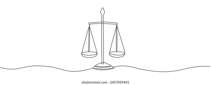 Dibujo continuo de una sola línea editable de escalas con cuencos. Icono de escalas simplificadas de justicia. Símbolo de equilibrio, derecho legal. Ilustración vectorial