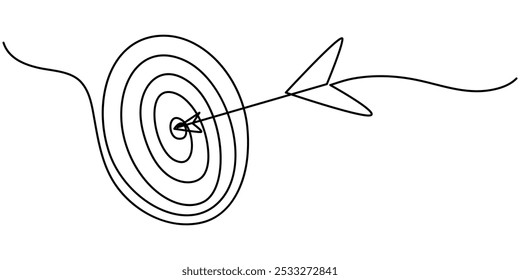 Continuous drawing of a single editable target line in the center with an arrow. Concept for the business of hitting the target. Vector illustration, Continuous drawing of a single target line