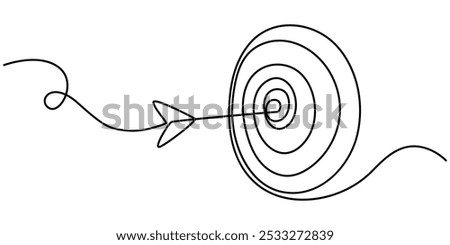 Continuous drawing of a single editable target line in the center with an arrow. Concept for the business of hitting the target. Vector illustration, Continuous drawing of a single target line