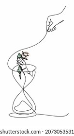 Eine durchgehende Zeichnung mit einer einzelnen Stundenglaslinie und den Händen eines Mannes und einer Frau mit einer Rose in der Hand. Das Konzept von Zeit und Liebe