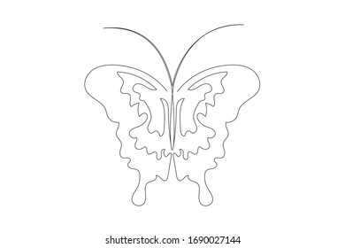 Continuous drawing of a single line of a flying butterfly. Black and white vector illustration. Concept of a logo, postcard, banner, poster, flyer.