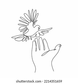 Continuous drawing of a single line of a flying bird on a man's hand. The concept of the psychology of trust. Print on T-shirts