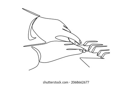 continuous drawing of a single line of hands playing on the piano keys close-up