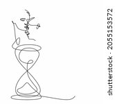 a continuous drawing of a single line of a man embracing a woman over an hourglass.  The concept of love and time