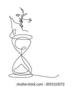 a continuous drawing of a single line of a man embracing a woman over an hourglass.  The concept of love and time