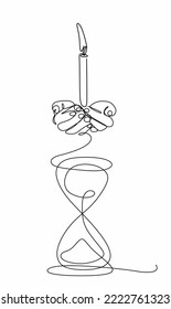 Continuous drawing of a single line on the palms with a burning candle and a time timer. Close-up vector illustration. 