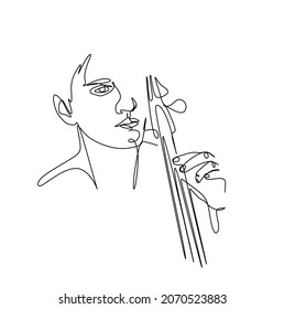 A continuous drawing with a single silhouette line of a young man playing the cello. A cellist in the minimalist style.