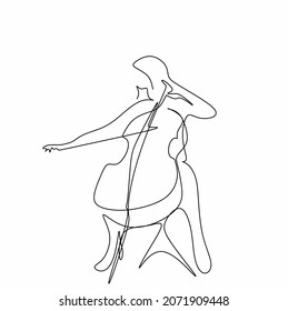 Continuous drawing with a single silhouette line of a woman playing the cello. A cellist in the minimalist style.