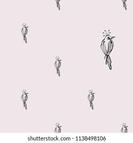 Continuous drawing sketch one line little tropic bird pattern. Vector seamless background on pink backdrop. Black hand drawn graphic illustration.