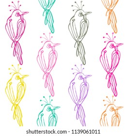 Continuous drawing sketch one line little tropic bird pattern. Vector colorful seamless background on white backdrop. Colors hand drawn graphic illustration.