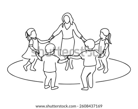 Continuous Drawing Teacher Children Circle. An unbroken line illustrates a teacher holding hands with five children in a circle, seemingly playing a game. 