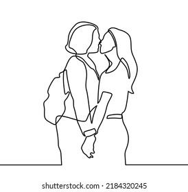 Continuous Drawing Of Two Lesbians Kissing Each Other. Lesbian Girls Are Kissing. Homosexual Couple, Love, Romantic, Kiss. Women. LGBT Family. Vector Isolated Black And White Line Drawing. LGBTQ+ 