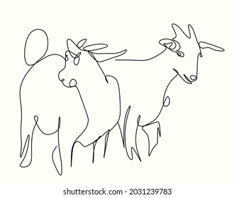 continuous drawing of two young goats