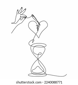 continuous drawing using a single hourglass line, hands, needles with thread and a heart. The concept of time and a broken heart
