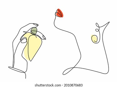 continuous drawing of women's hands with a perfume bottle and a face contour in the style of minimalism, close-up, cosmetics, magazine, T-shirt print