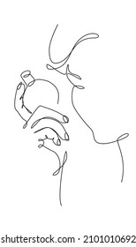 dibujo continuo de las manos de las mujeres con una botella de perfume y un contorno facial en el estilo minimalista, de acercamiento, cosmética, revista, estampado de camisetas