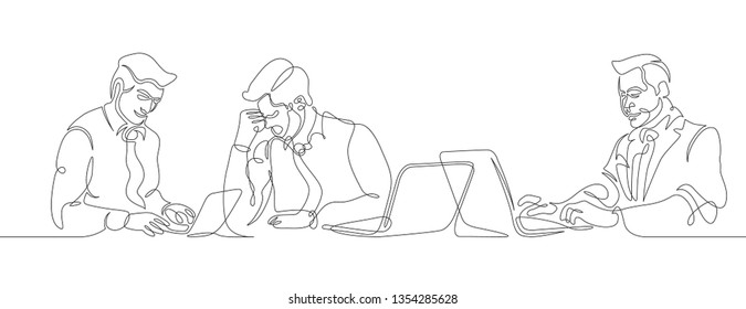Continuous drawn hand drawn one line of the user sitting at the computer. Concept work for a laptop Internet startup is a businessman IT specialist hipster programmer.