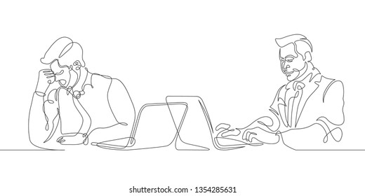 Continuous drawn hand drawn one line of the user sitting at the computer. Concept work for a laptop Internet startup is a businessman IT specialist hipster programmer.