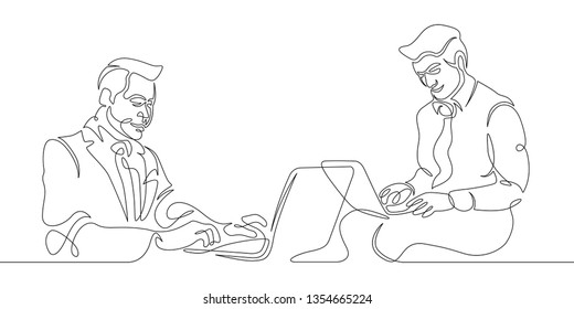 Continuous drawn hand drawn one line of the user sitting at the computer. Concept work for a laptop Internet startup is a businessman IT specialist hipster programmer.