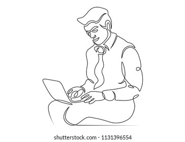 Continuous drawn hand-drawn one line of the user sitting at the computer. Concept work for a laptop Internet startup is a businessman IT specialist hipster programmer.
