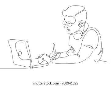 Continuous drawn hand-drawn one line of the user sitting at the computer. Concept work for a laptop Internet startup is a businessman IT specialist hipster programmer.