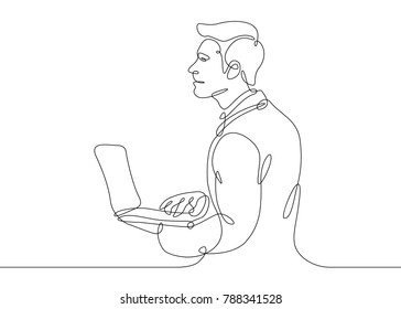 Continuous drawn hand-drawn one line of the user sitting at the computer. Concept work for a laptop Internet startup is a businessman IT specialist hipster programmer.