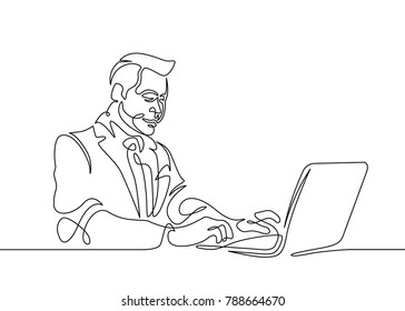Continuous drawn hand-drawn one line of the user sitting at the computer. Concept work for a laptop Internet startup is a businessman IT specialist hipster programmer.