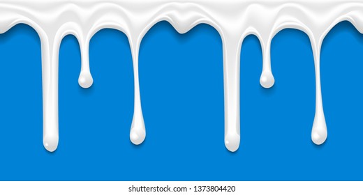 Continuous dripping smudges of cream or glaze isolated on blue background. Liquid creamy white texture flowing. Vector illustration.