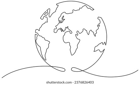 Continuous Earth continuous line drawing symbol. World map one line art. Earth globe hand drawn. Vector illustration isolated on white background.