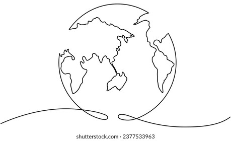 Continuous Earth continuous line drawing symbol. World map one line art. Earth globe hand drawn. Vector illustration isolated on white background.