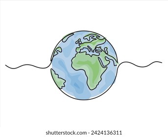 Símbolo continuo de dibujo de la línea terrestre. Mapa mundial de una línea de arte. La insignia dibujada a mano en el planeta Tierra. Ilustración vectorial de existencias aislada en fondo blanco