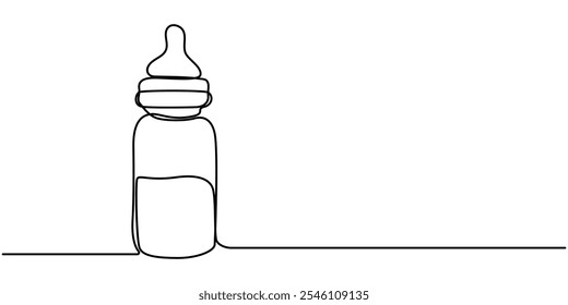 Continuous editable line drawing of baby bottle. Baby milk bottle icon in one line, Continuous one line drawing of baby feeding bottle. Baby drink bottle with love outline vector illustration.