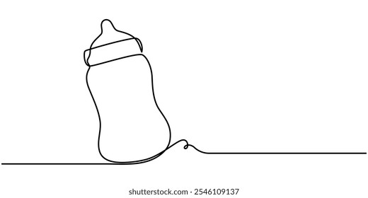 Continuous editable line drawing of baby bottle. Baby milk bottle icon in one line, Continuous one line drawing of baby feeding bottle. Baby drink bottle with love outline vector illustration.