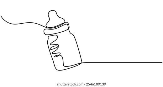 Continuous editable line drawing of baby bottle. Baby milk bottle icon in one line, Continuous one line drawing of baby feeding bottle. Baby drink bottle with love outline vector illustration.