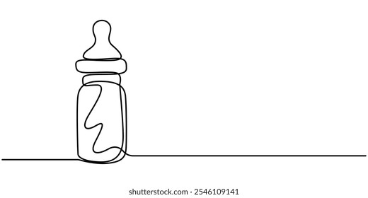 Continuous editable line drawing of baby bottle. Baby milk bottle icon in one line, Continuous one line drawing of baby feeding bottle. Baby drink bottle with love outline vector illustration.