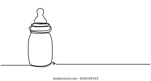 Continuous editable line drawing of baby bottle. Baby milk bottle icon in one line, Continuous one line drawing of baby feeding bottle. Baby drink bottle with love outline vector illustration.