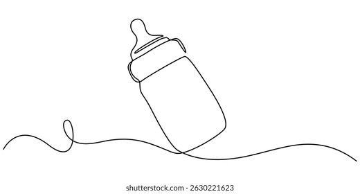 Desenho de linha editável contínuo do frasco do bebê. Ícone de mamadeira de leite de bebê em uma linha, desenho contínuo de uma linha de mamadeira de bebê. Bebê garrafa de bebida com amor esboço ilustração vetor. mínimo