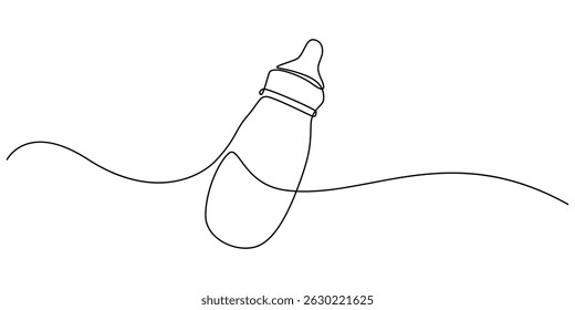Desenho de linha editável contínuo do frasco do bebê. Ícone de mamadeira de leite de bebê em uma linha, desenho contínuo de uma linha de mamadeira de bebê. Bebê garrafa de bebida com amor esboço ilustração vetor. mínimo