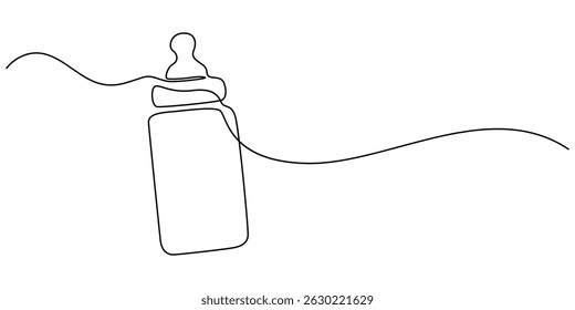 Continuous editable line drawing of baby bottle. Baby milk bottle icon in one line, Continuous one line drawing of baby feeding bottle. Baby drink bottle with love outline vector illustration. minimal