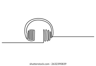 Continuous editable line drawing of headphones. Musical sound wave. Headset concept for music listening, playlists. Vector illustration.