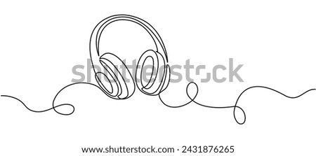 Continuous editable line drawing of headphones. Musical sound wave. Headset concept for music listening, playlists. Vector illustration