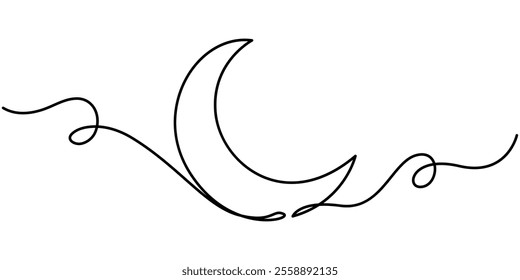 Continuous editable line drawing of moon icon. One line drawn moon. Vector illustration. Moon icon in one line, Moon symbol one continuous single line art drawing of Ramadan Kareem and Eid banner in. 