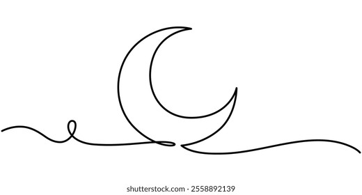 Continuous editable line drawing of moon icon. One line drawn moon. Vector illustration. Moon icon in one line, Moon symbol one continuous single line art drawing of Ramadan Kareem and Eid banner in. 