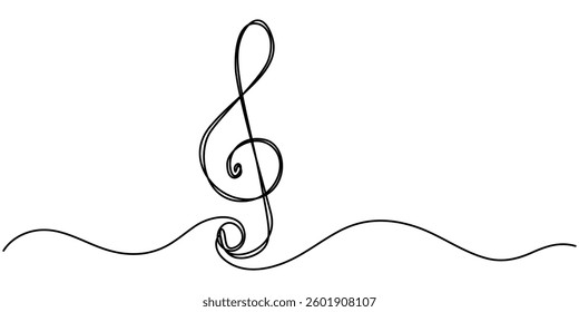 Continuous editable line drawing of treble clef. One line drawing of treble clef icon, Abstract note as continuous lines drawing on white background. Vector, Treble clef continuous one line drawing.