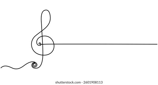 Continuous editable line drawing of treble clef. One line drawing of treble clef icon, Abstract note as continuous lines drawing on white background. Vector, Treble clef continuous one line drawing.