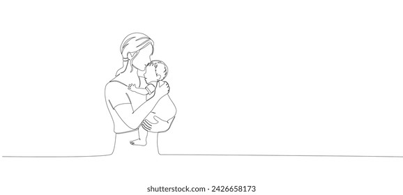 Continuous editable single line illustration of Woman with baby in her arms. Mother's day card in line art style. Vector illustration