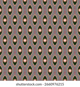 Un patrón de tela continuo compuesto de motivos en forma de grano de arroz llenos de colores de dos capas: negro, rojo y blanco. Dentro de cada forma de grano, las formas florales rojas y blancas en capas florecen. Los motivos 