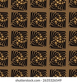 Continuous fabric pattern on brown background, black lines with gold dots, sparkling stars.