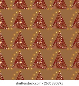 Continuous fabric pattern on brown background, red lines with gold dots, sparkling stars. seamless pattern ,background’